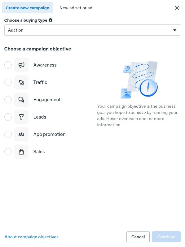Captura real del selector de objetivos de Meta Ads: Awareness, Traffic, Engagement, Leads, App promotion y Sales